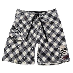 Y2K O'NEILL men's b&w plaid graphic pirate skull swim board shorts, 32".